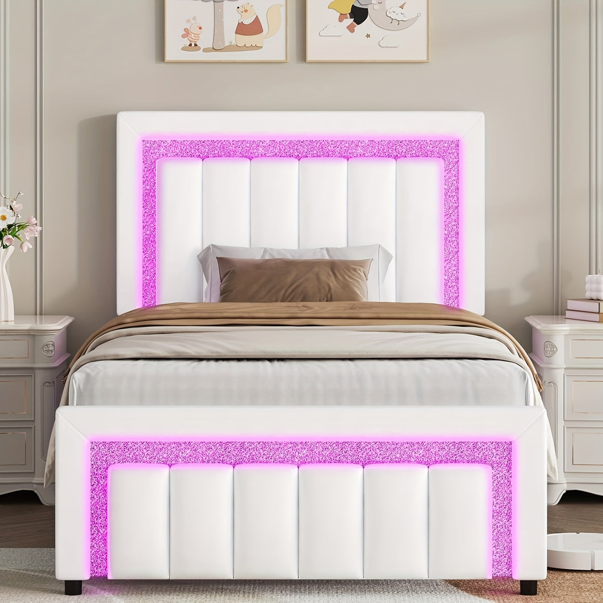 twin full bed frame led lights velvet upholstered headboard - Temu