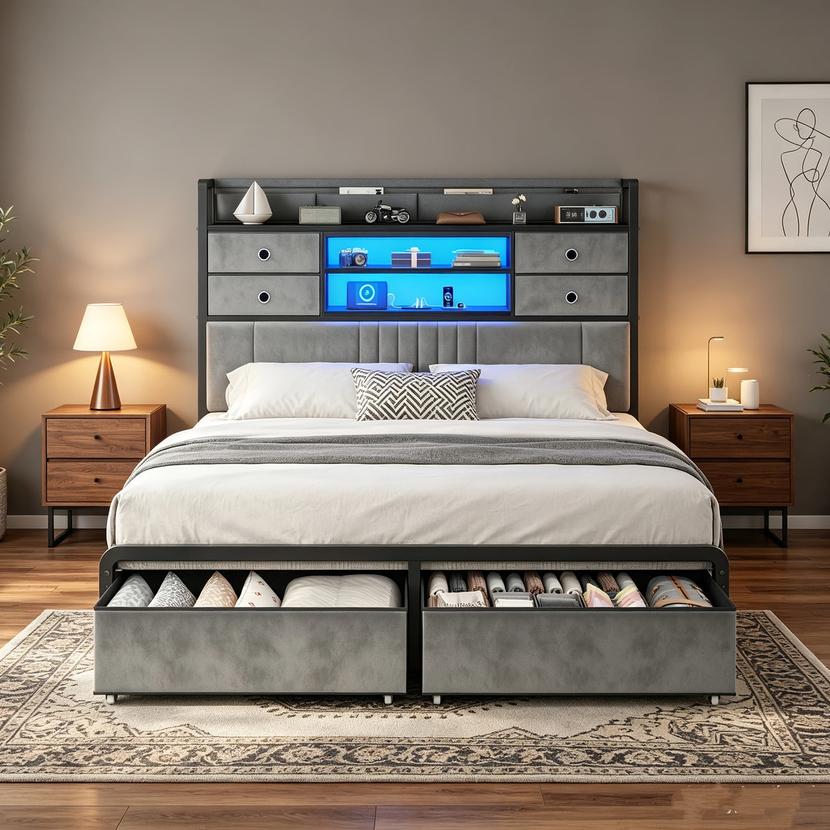 velvet platform bed frame headboard storage 4 fabric - Temu
