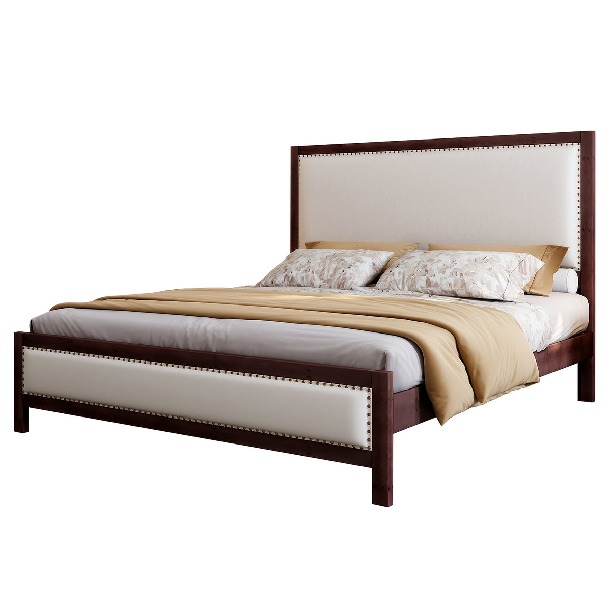 a platform bed featuring a sturdy wooden frame a linen - Temu