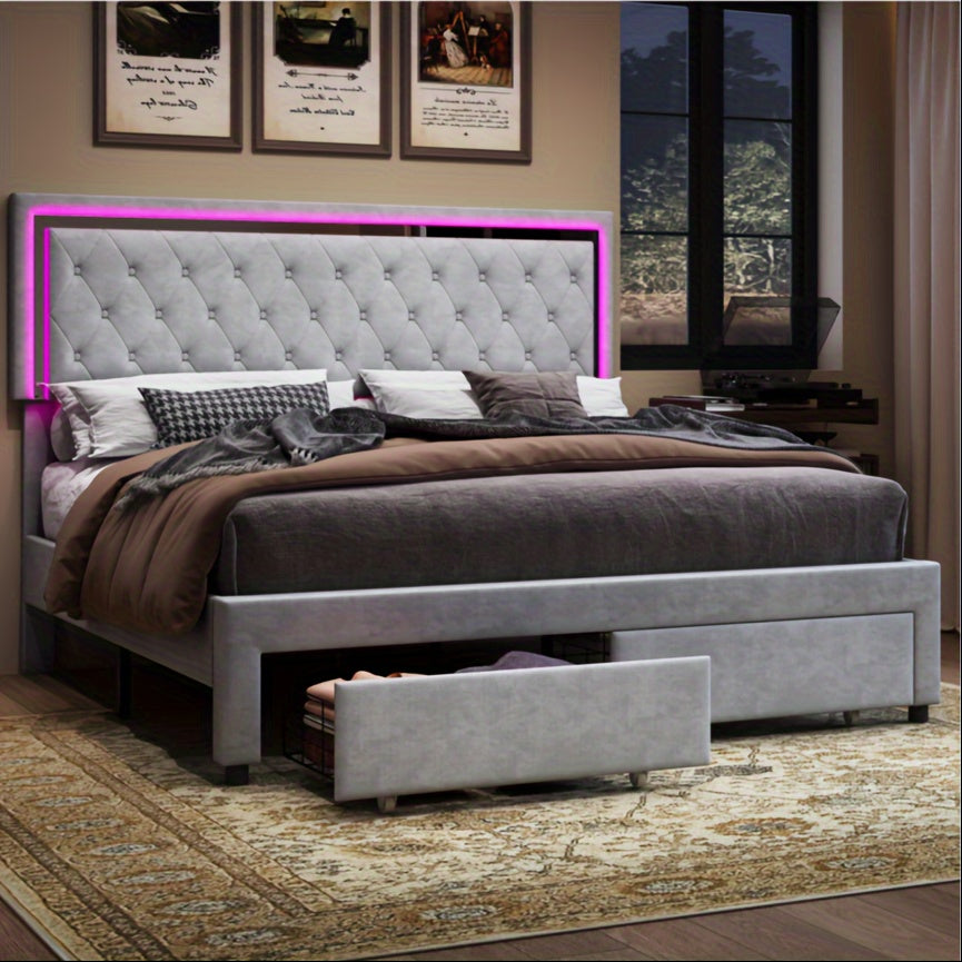 velvet upholstered led bed frame two storage drawers - Temu