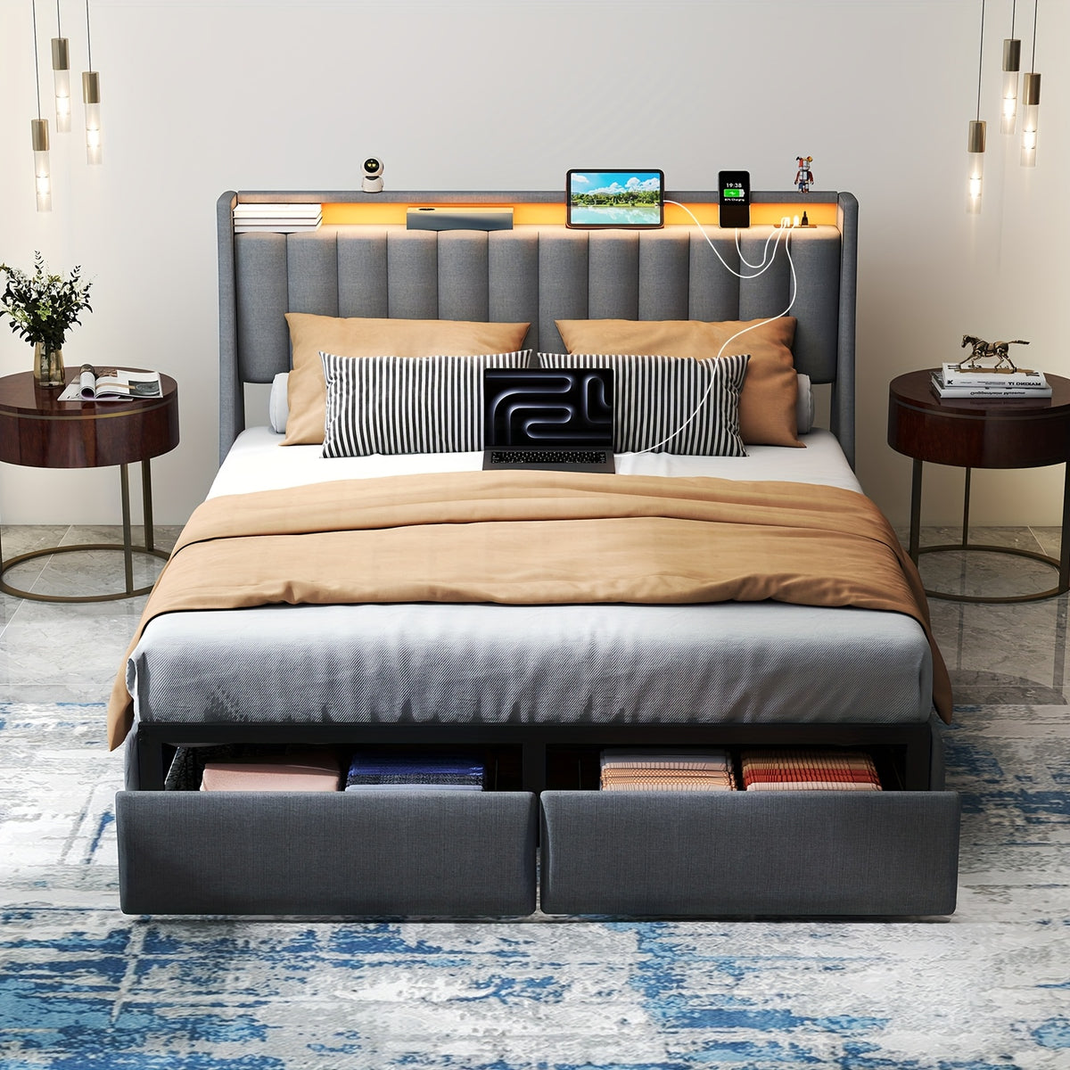 full queen king bed frame 2 storage drawers luxury wingback - Temu
