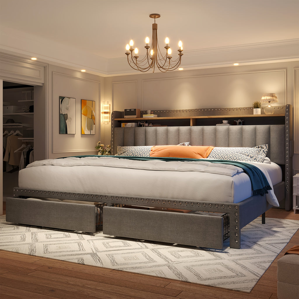 soft upholstered bed frame 2 storage drawers   mattress - Temu