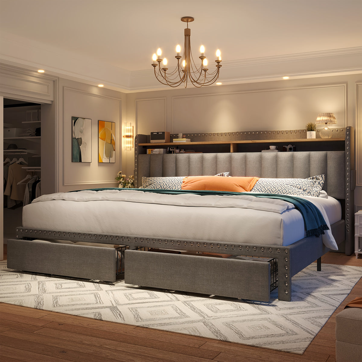 soft upholstered bed frame 2 storage drawers   mattress - Temu