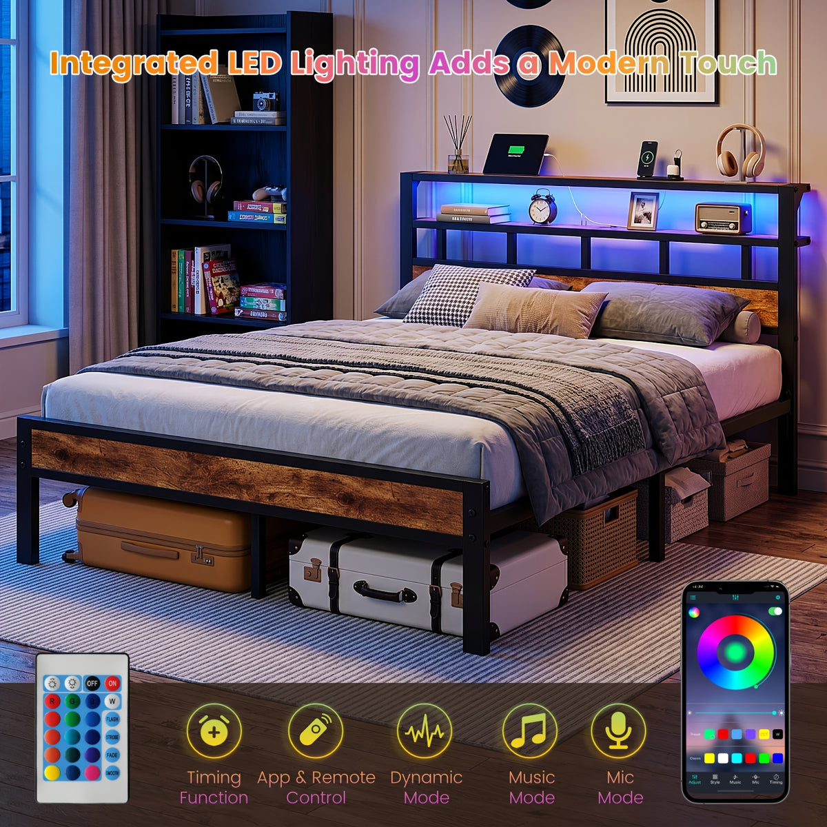 bed frame metal platform bed 2 tier storage led lighting - Temu