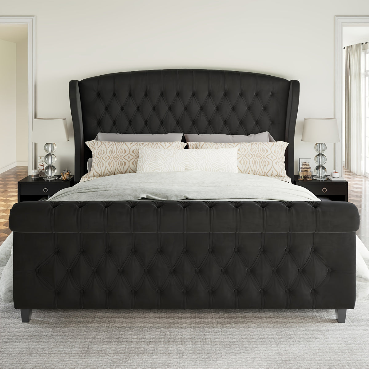 black platform bed frame a queen size chenille upholstery - Temu