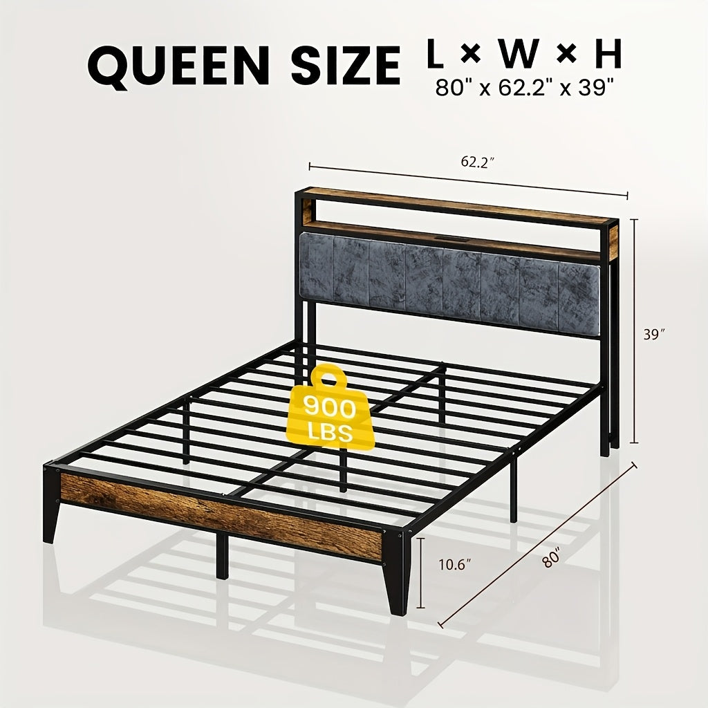 metal bed frame headboard storage shelves led lights type c - Temu