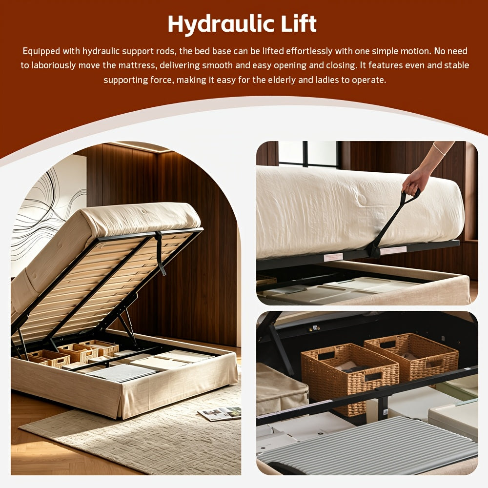 full size lift storage bed frame beige upholstered platform - Temu
