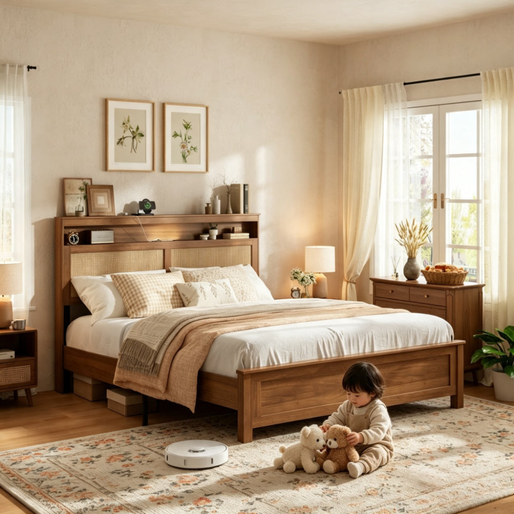queen size bed frame rattan headboard built in led reading - Temu