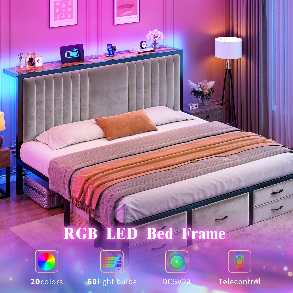 king queen full size velvet bed frame 5 storage drawers - Temu