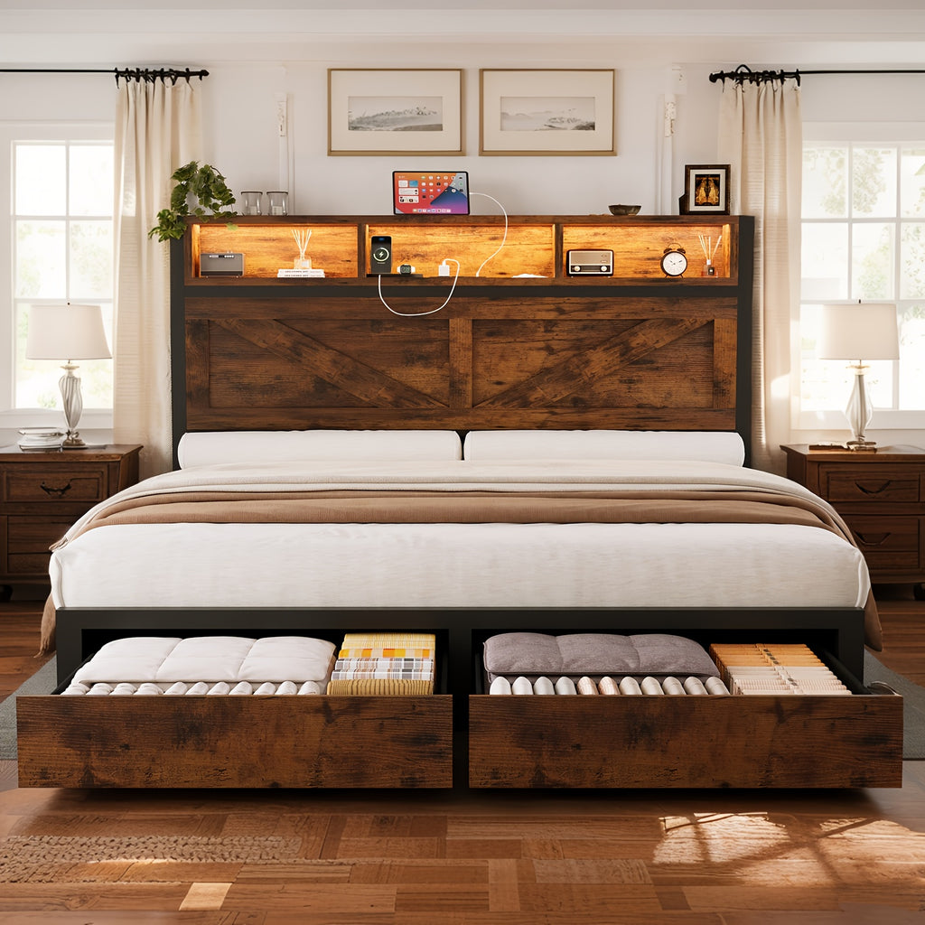 farmhouse bed frame storage headboard drawers led lights - Temu