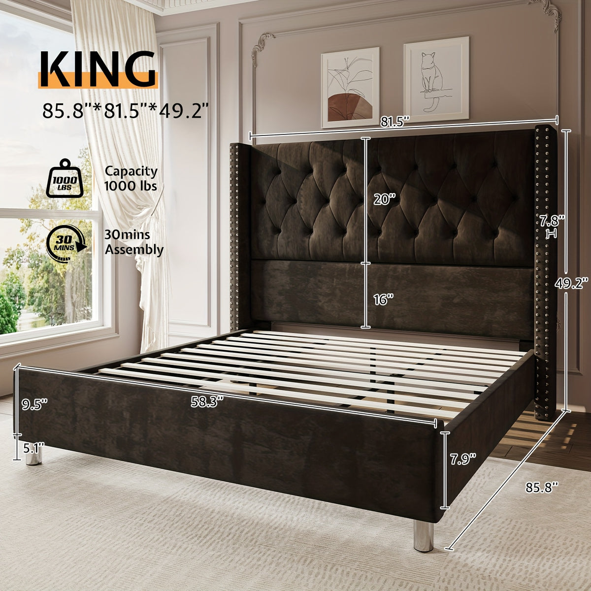 velvet upholstered bed frame wingback headboard no - Temu