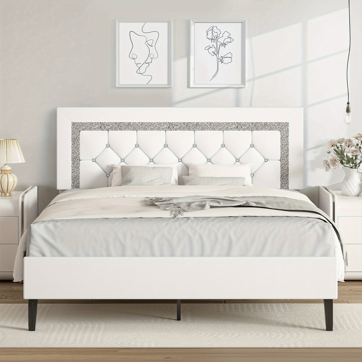 twin full queen bed frame tufted button headboard - Temu
