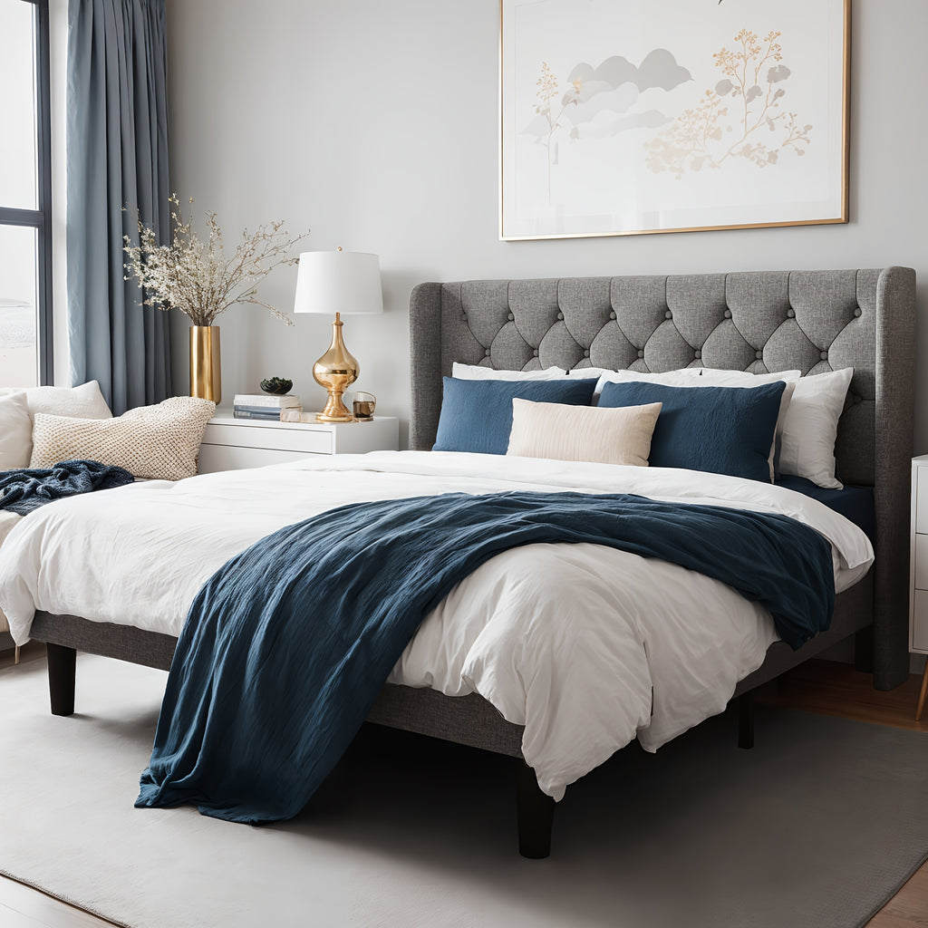 upholstered bed frame tufted wingback headboard - Temu