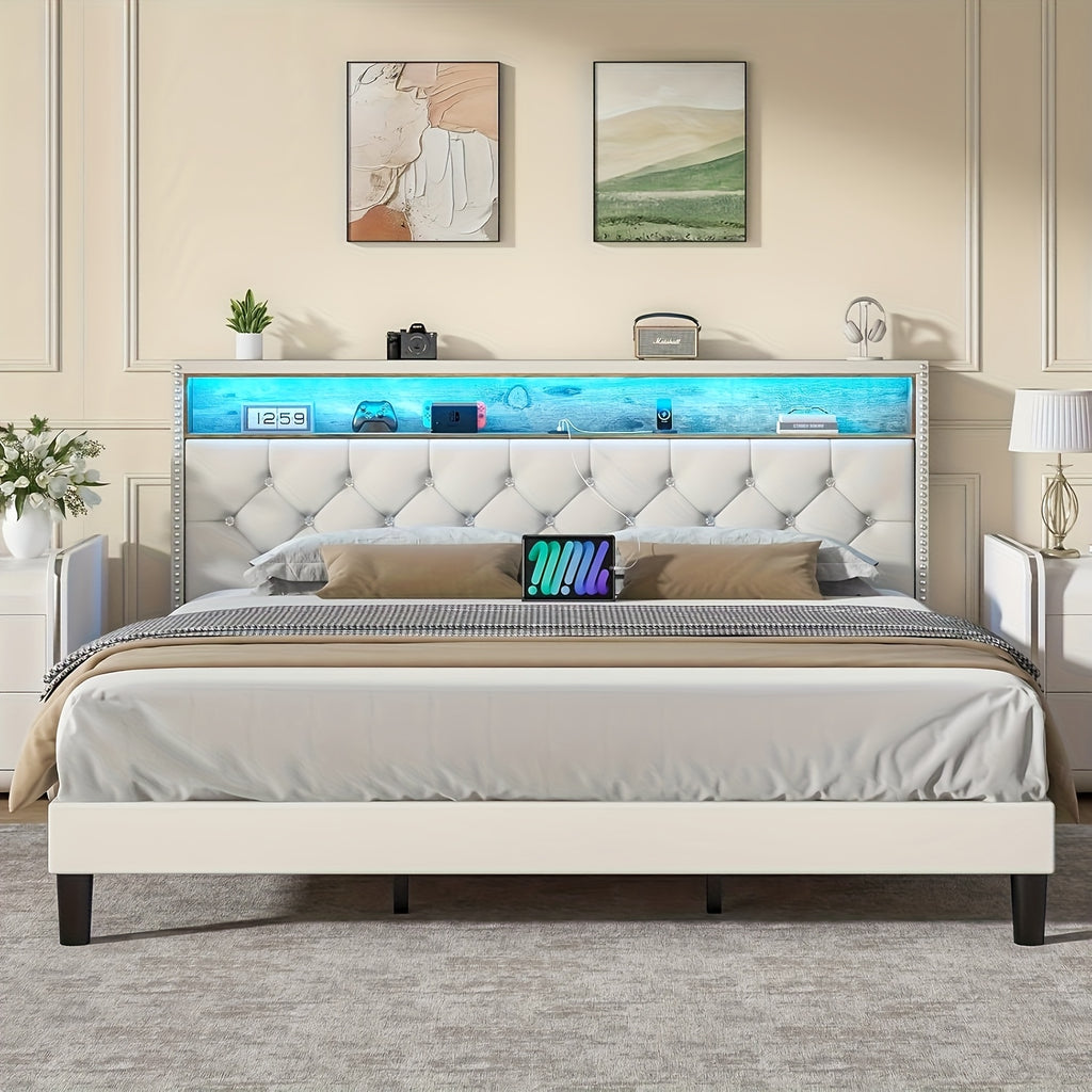 bed frame led lights velvet upholstered platform bed storage - Temu