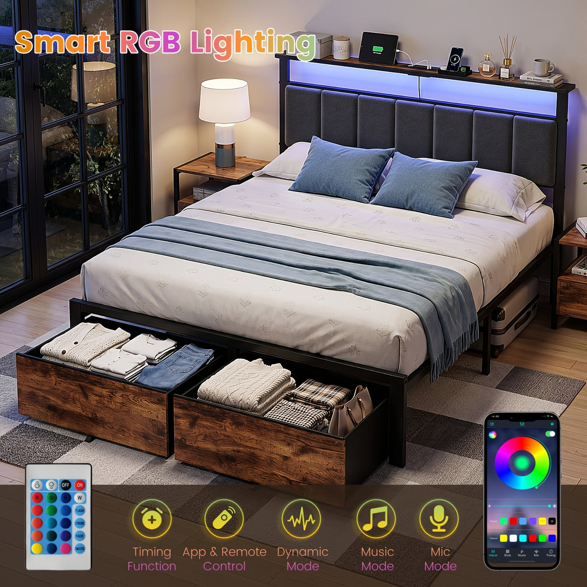 upholstered bed frame 2 bed storage drawers metal platform - Temu