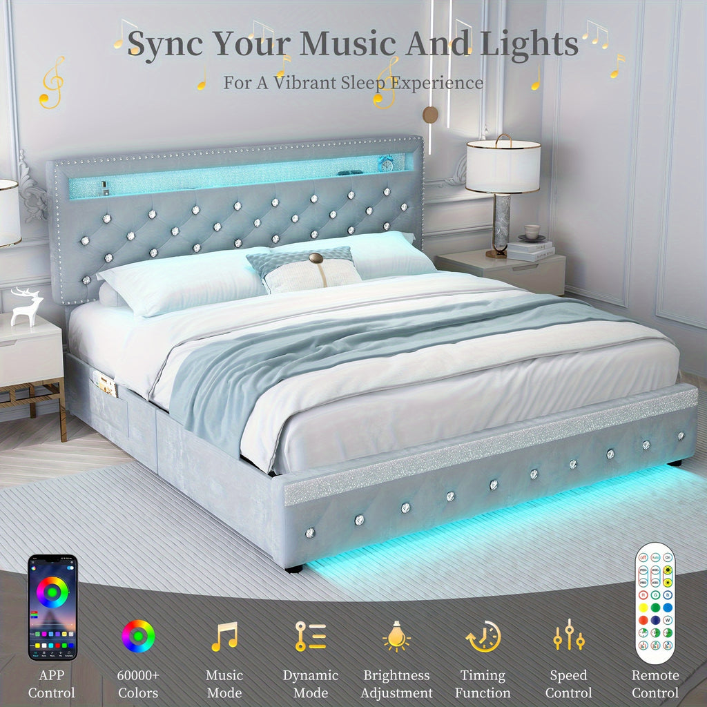 queen size bed frame led lights upholstered bed - Temu