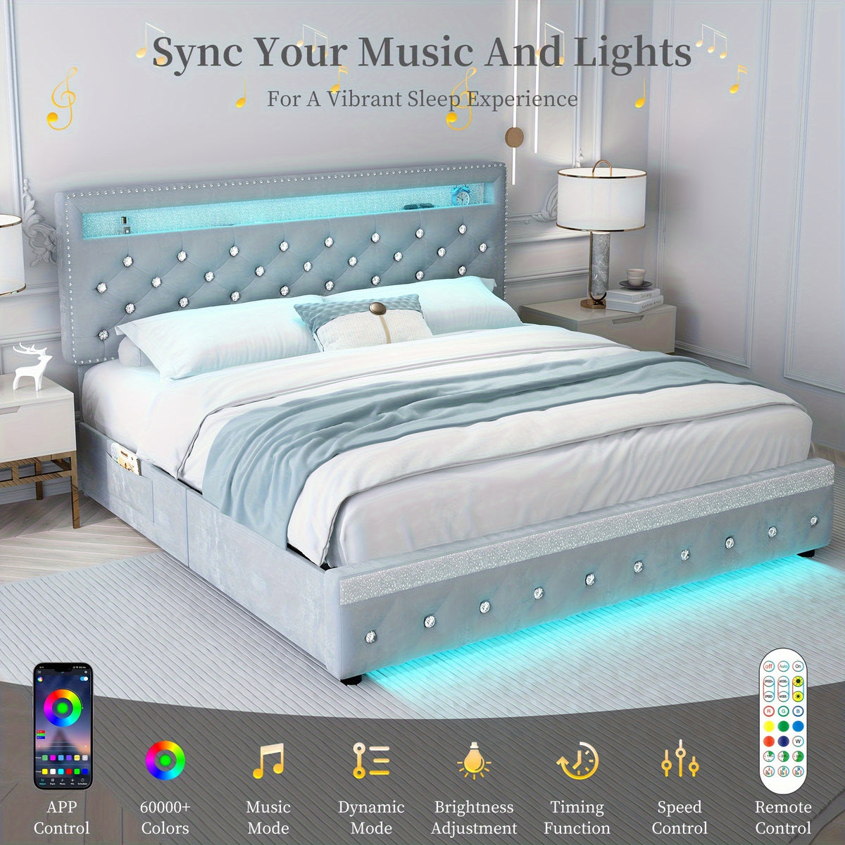 queen size bed frame led lights upholstered bed - Temu