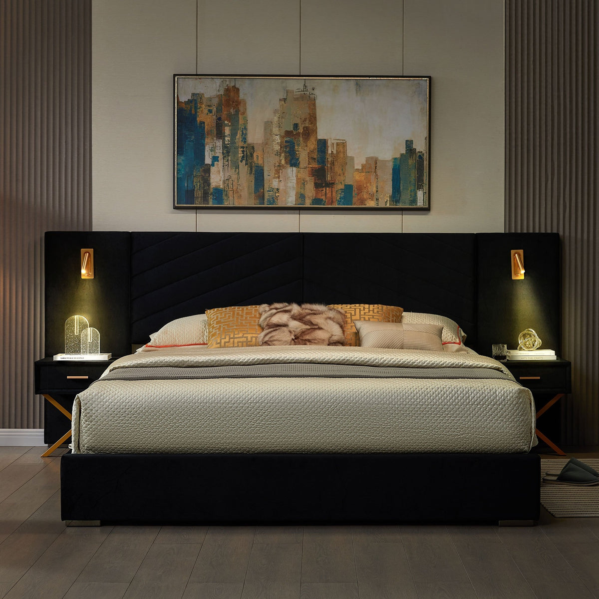 luxury king queen bed frame built in   lights - Temu