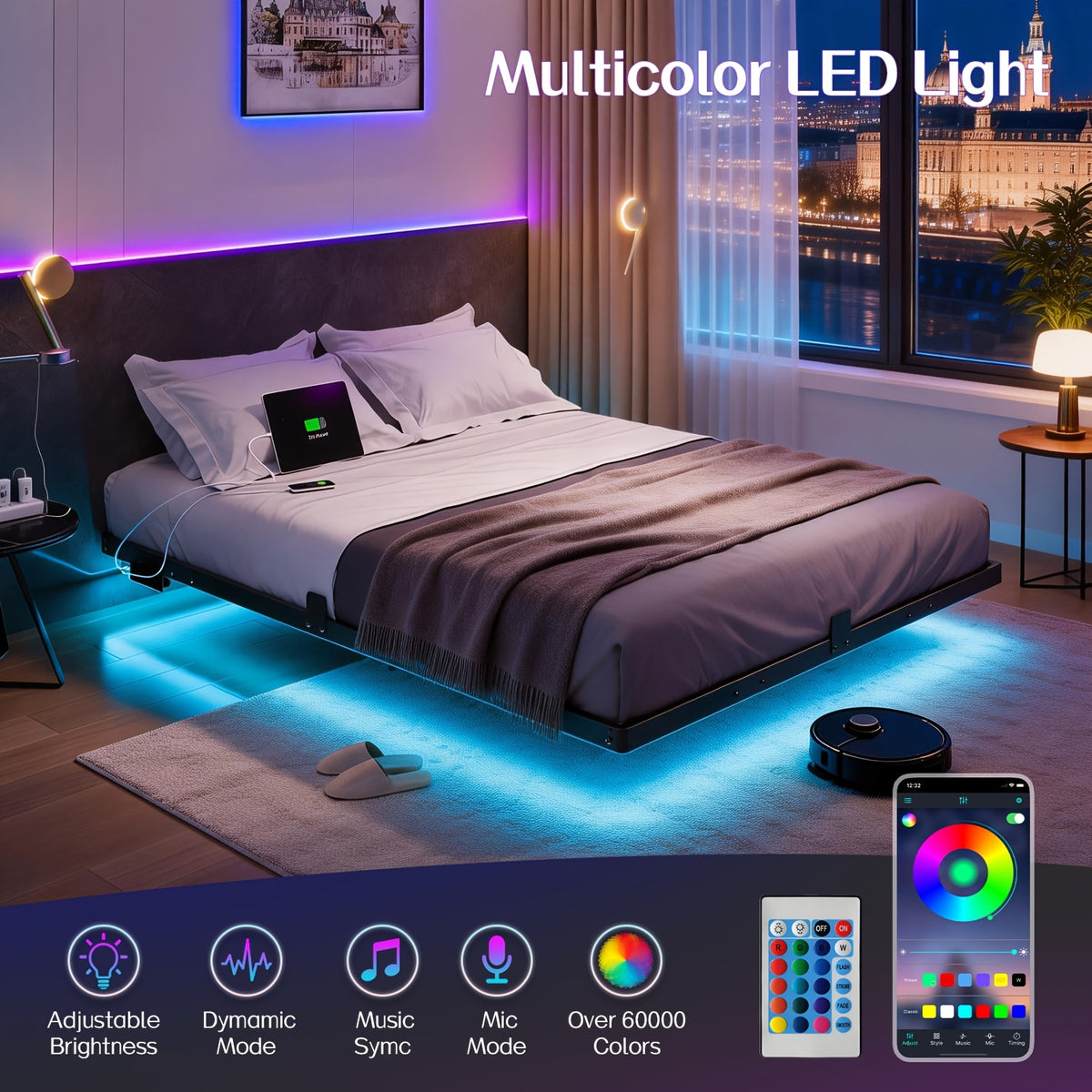 bed frame floats   led lighting a charging station - Temu