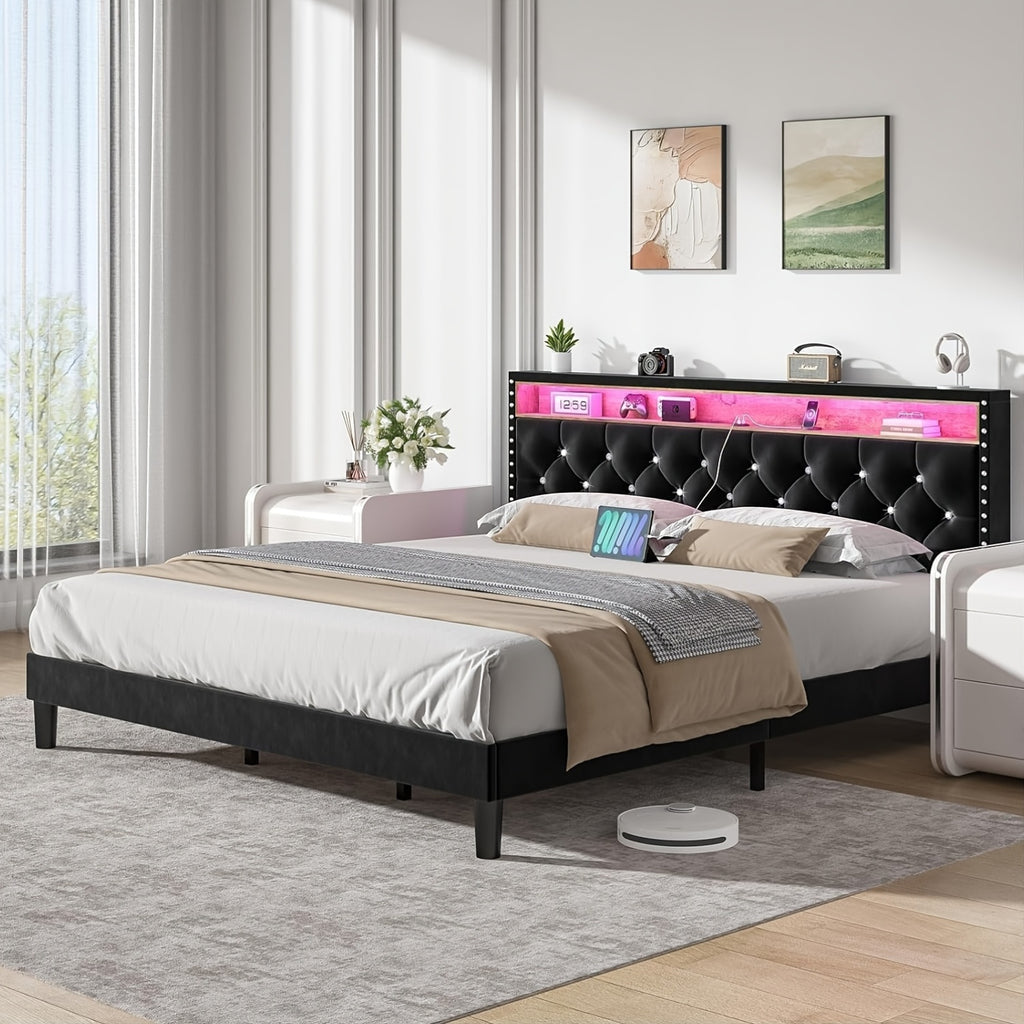 bed frame led lights velvet upholstered platform bed storage - Temu
