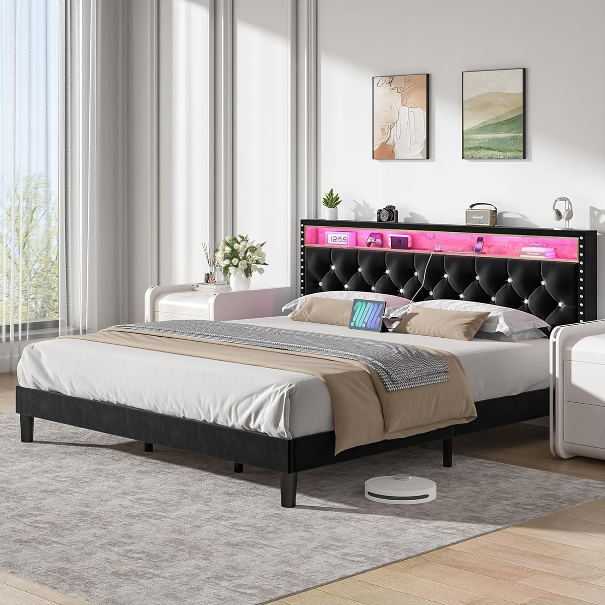 bed frame led lights velvet upholstered platform bed storage - Temu