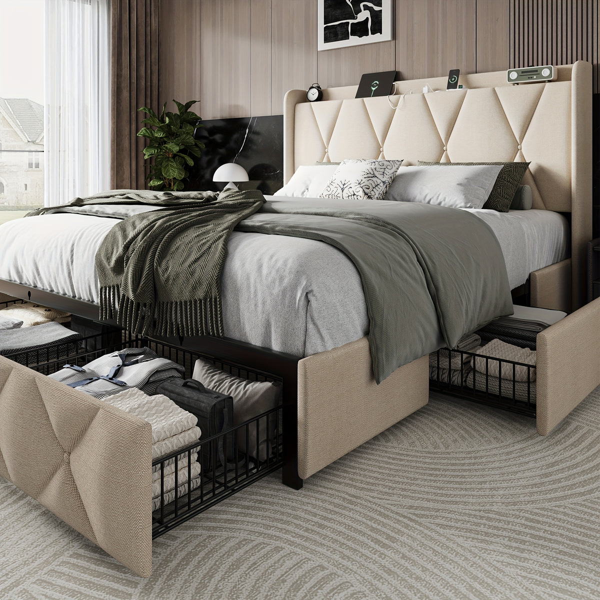 4 drawers storage bed frame wingback headboard - Temu