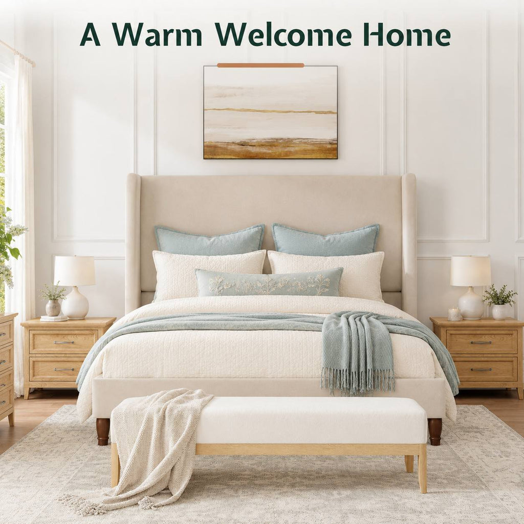 queen size linen upholstered bed frame soft wingback - Temu