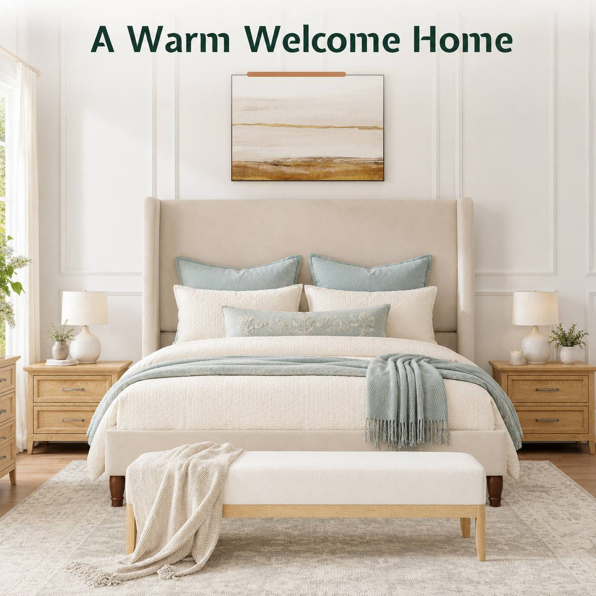 queen size linen upholstered bed frame soft wingback - Temu
