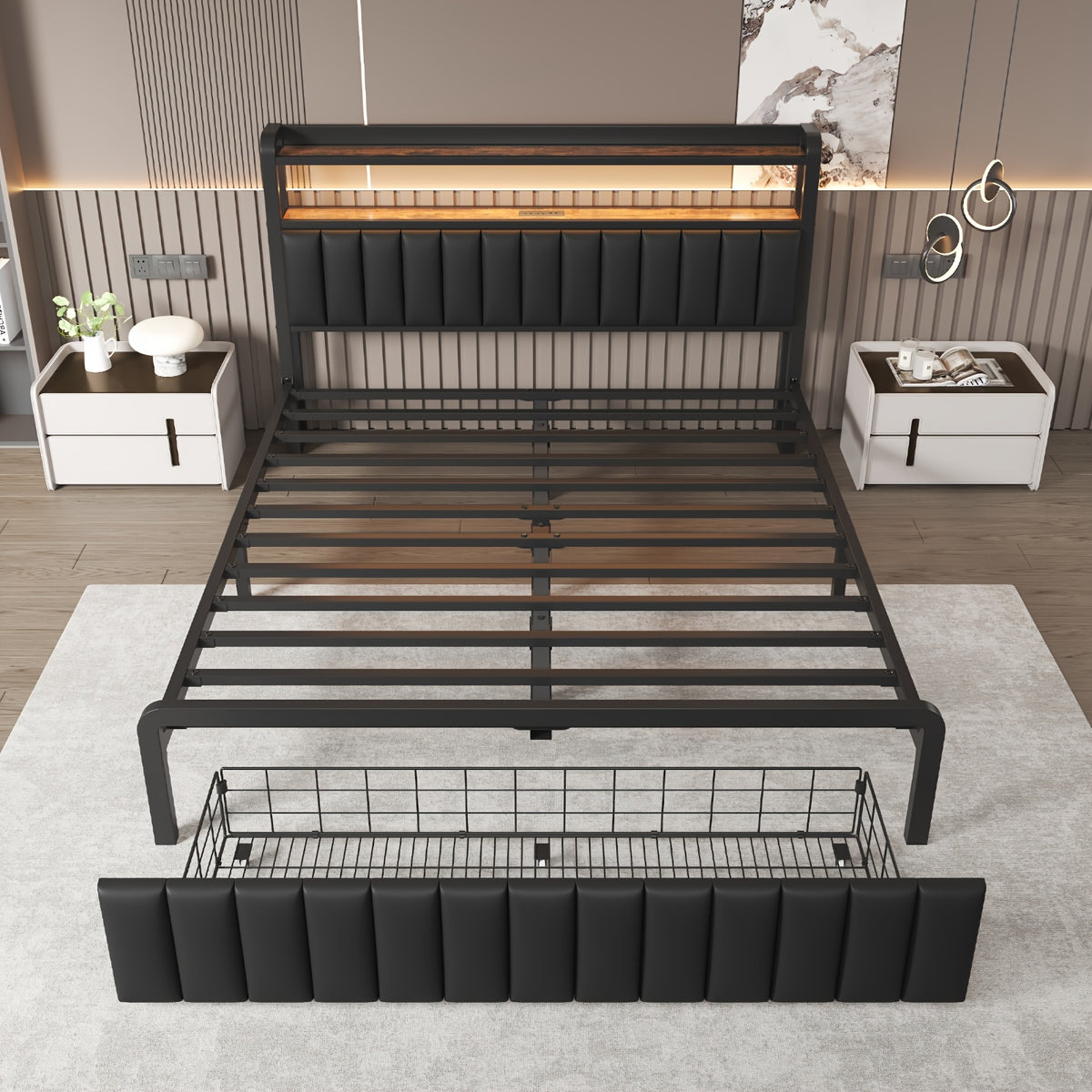 metal platform bed frame 2 tier storage headboard hidden - Temu