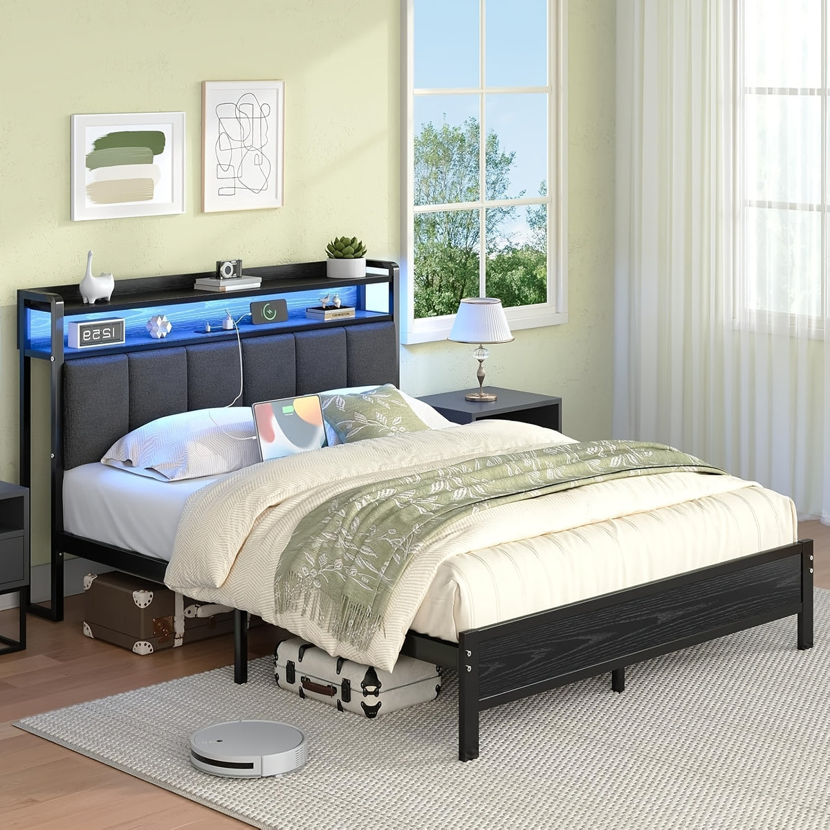 twin full queen king bed frame storage headboard led lights - Temu