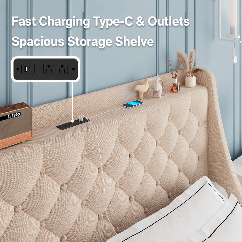 bed frame charging station linen fabric storage headboard - Temu
