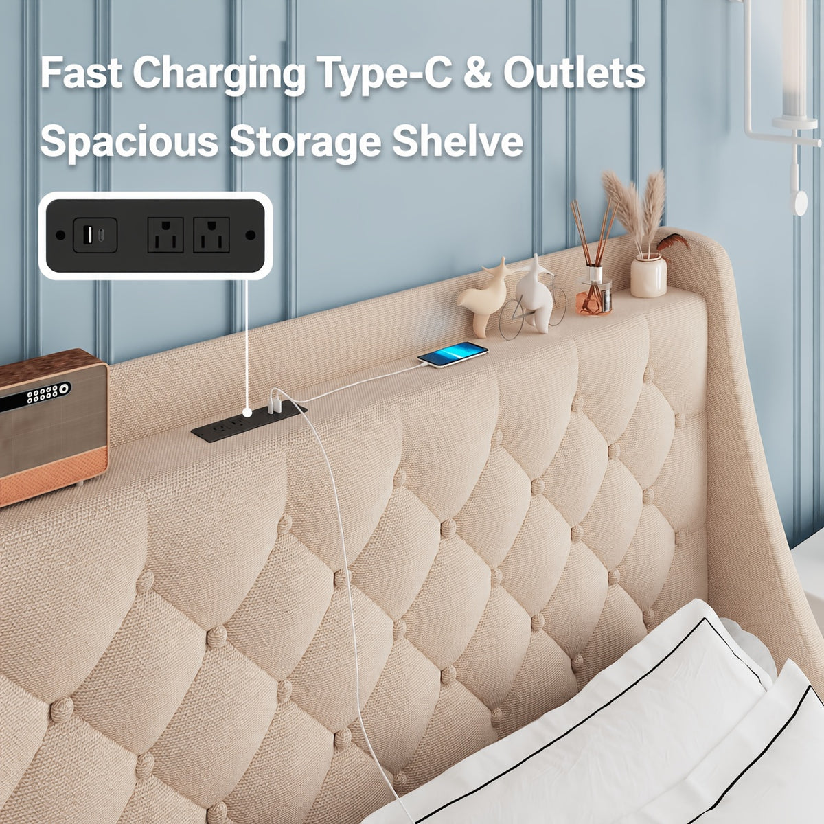bed frame charging station linen fabric storage headboard - Temu