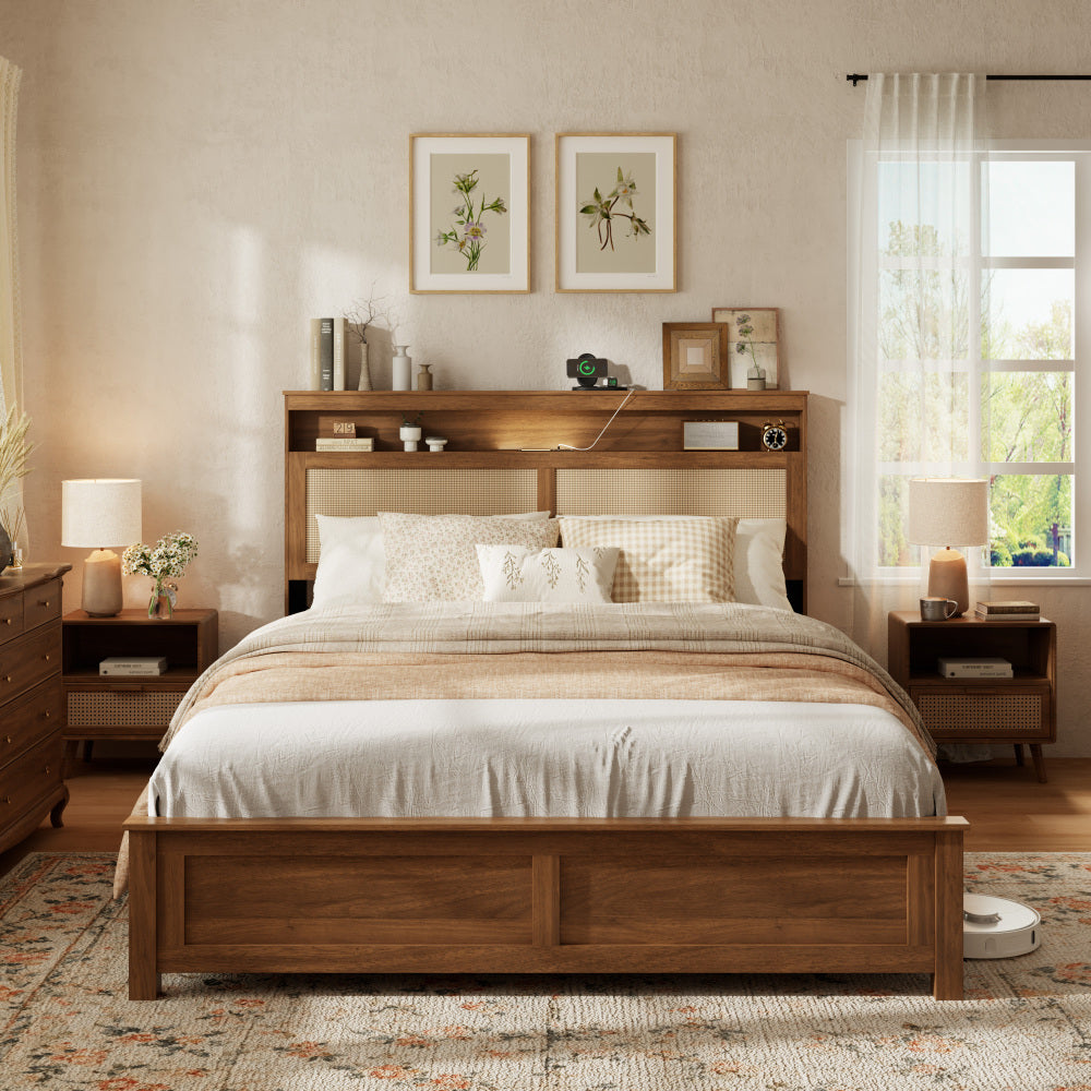 queen size bed frame rattan headboard built in led reading - Temu