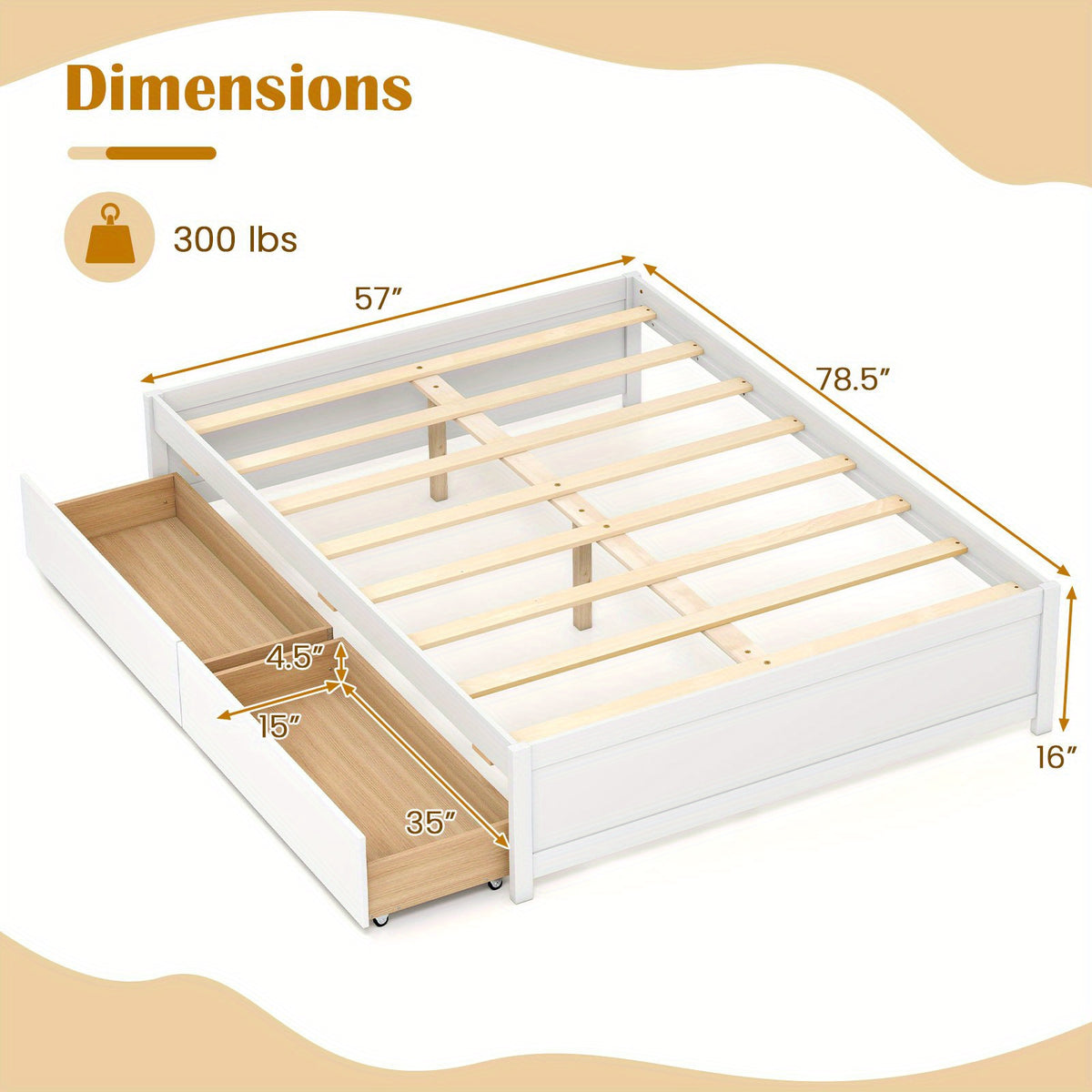 full size wooden platform bed frame 2 rolling - Temu