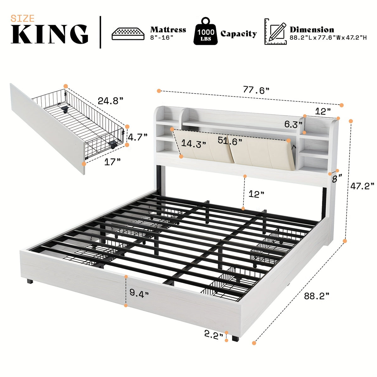 upholstered bed frame 4 storage drawers industrial bed frame - Temu