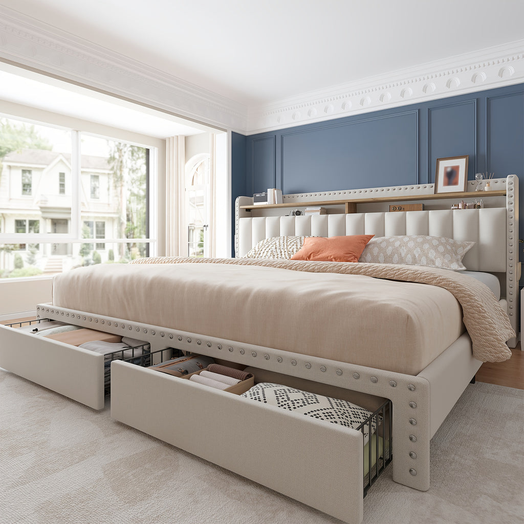 soft upholstered bed frame 2 storage drawers   mattress - Temu