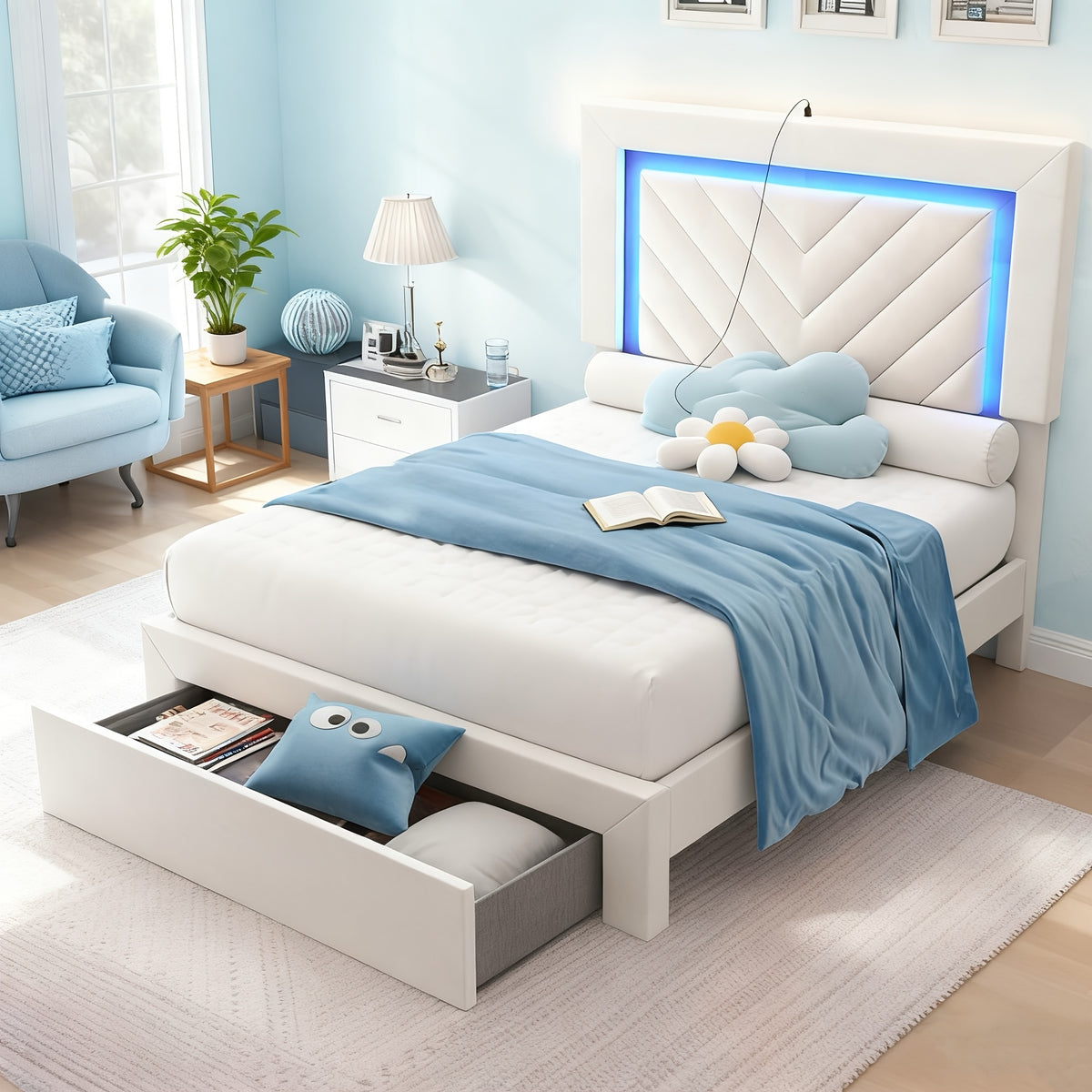 upholstered bed frame adjustable led headboard charging - Temu