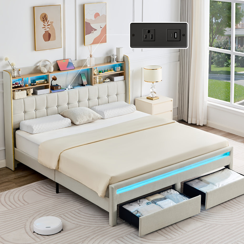 a queen sized bed frame featuring a headboard bookcase - Temu