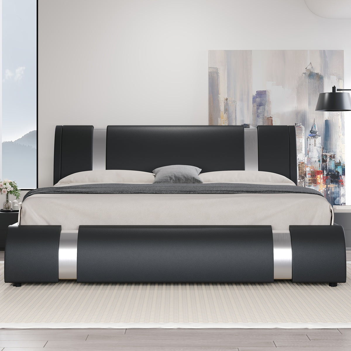modern faux leather bed frame iron pieces decor low - Temu