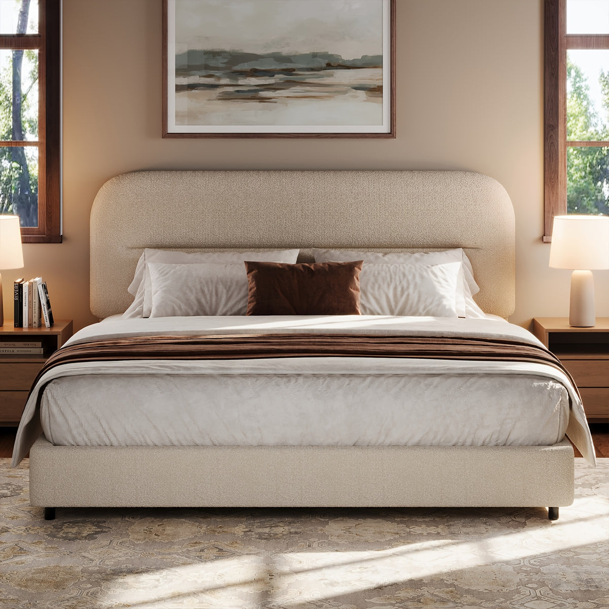 queen bed frame boucle upholstered platform bed frame - Temu