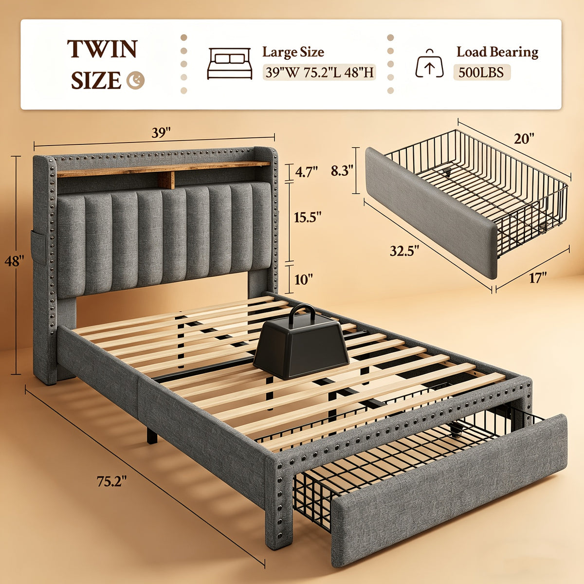 king size upholstered bed frame   2 underbed - Temu