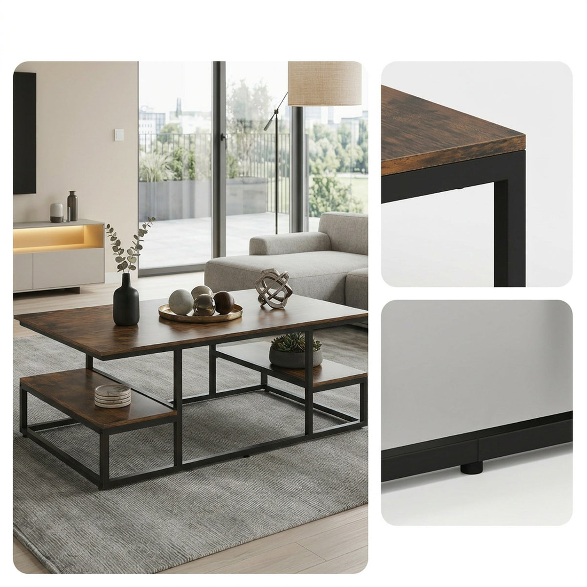 coffee table 43 rectangle open shelving industrial metal - Temu