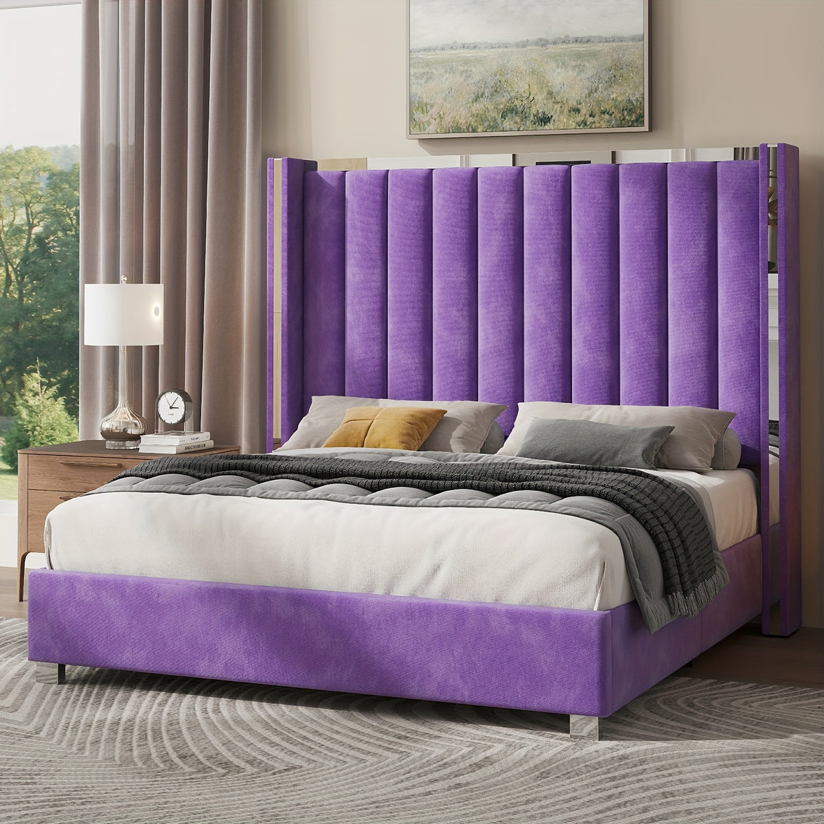 velvet upholstered platform bed 58 tall channel - Temu