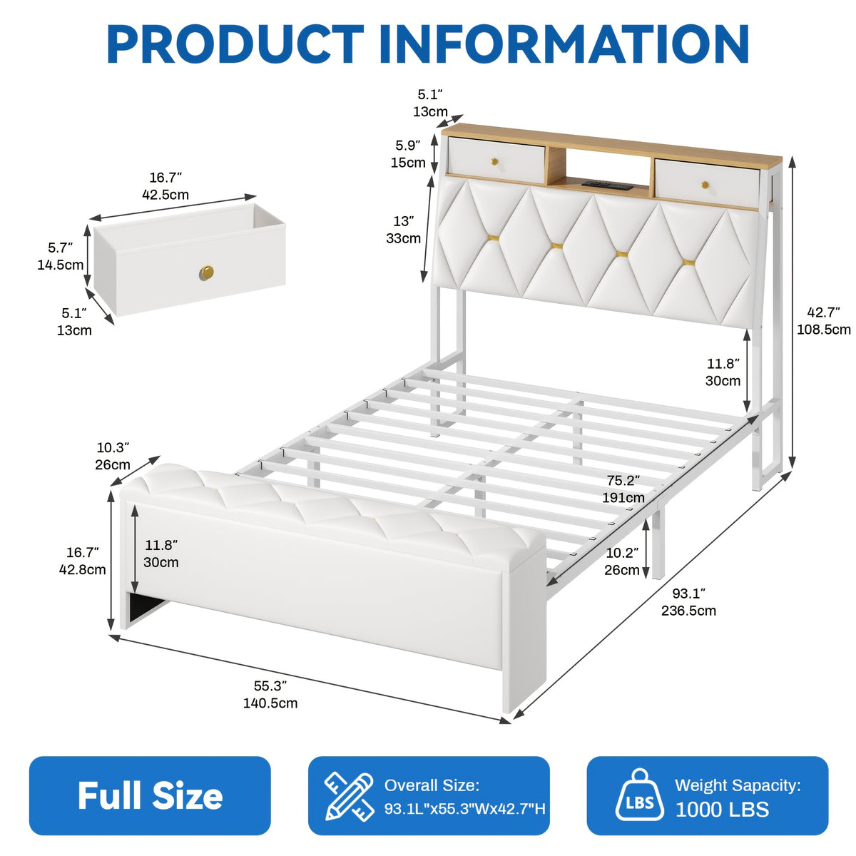 mraeer bed frame storage bench 2 drawers charging station no - Temu