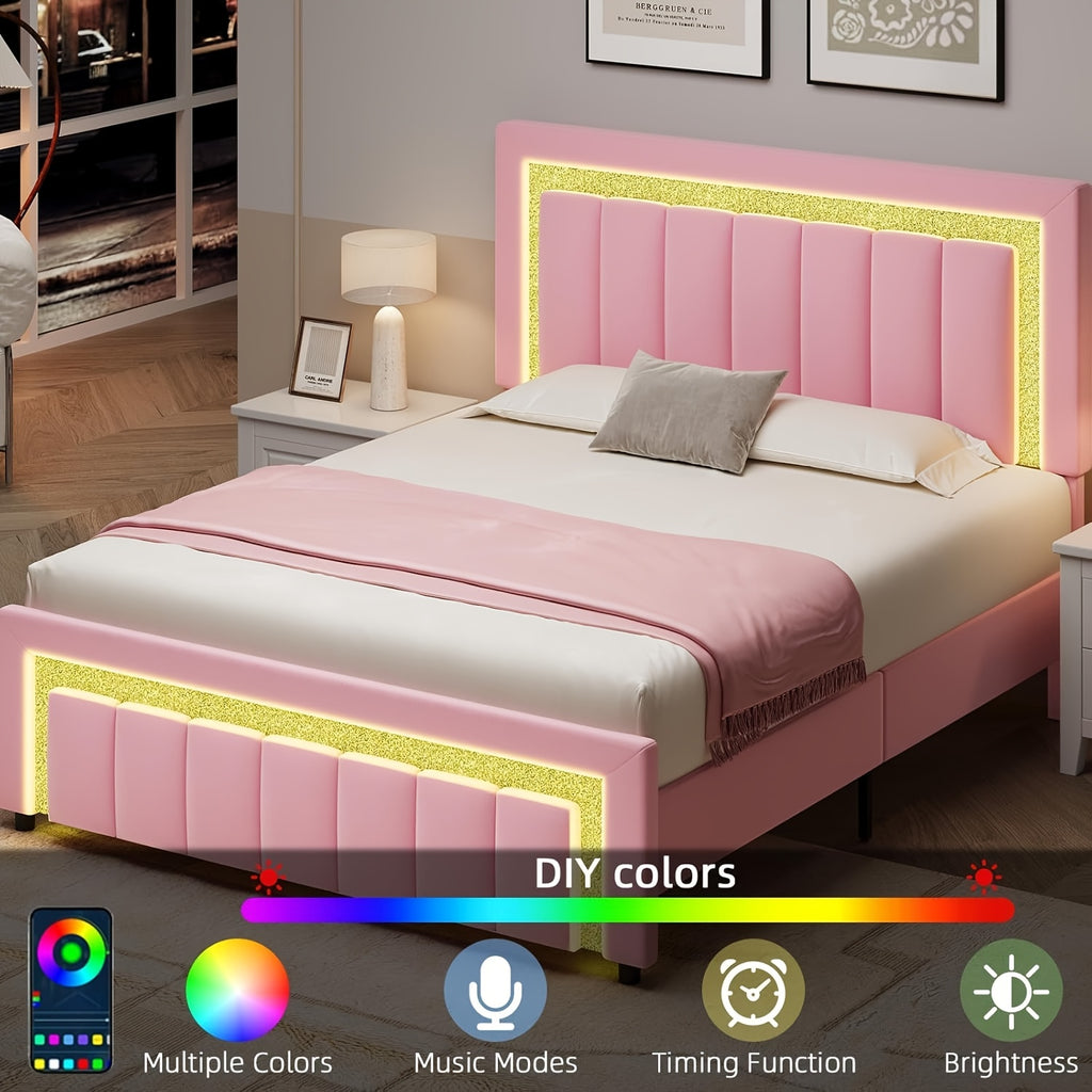 twin full bed frame led lights velvet upholstered headboard - Temu