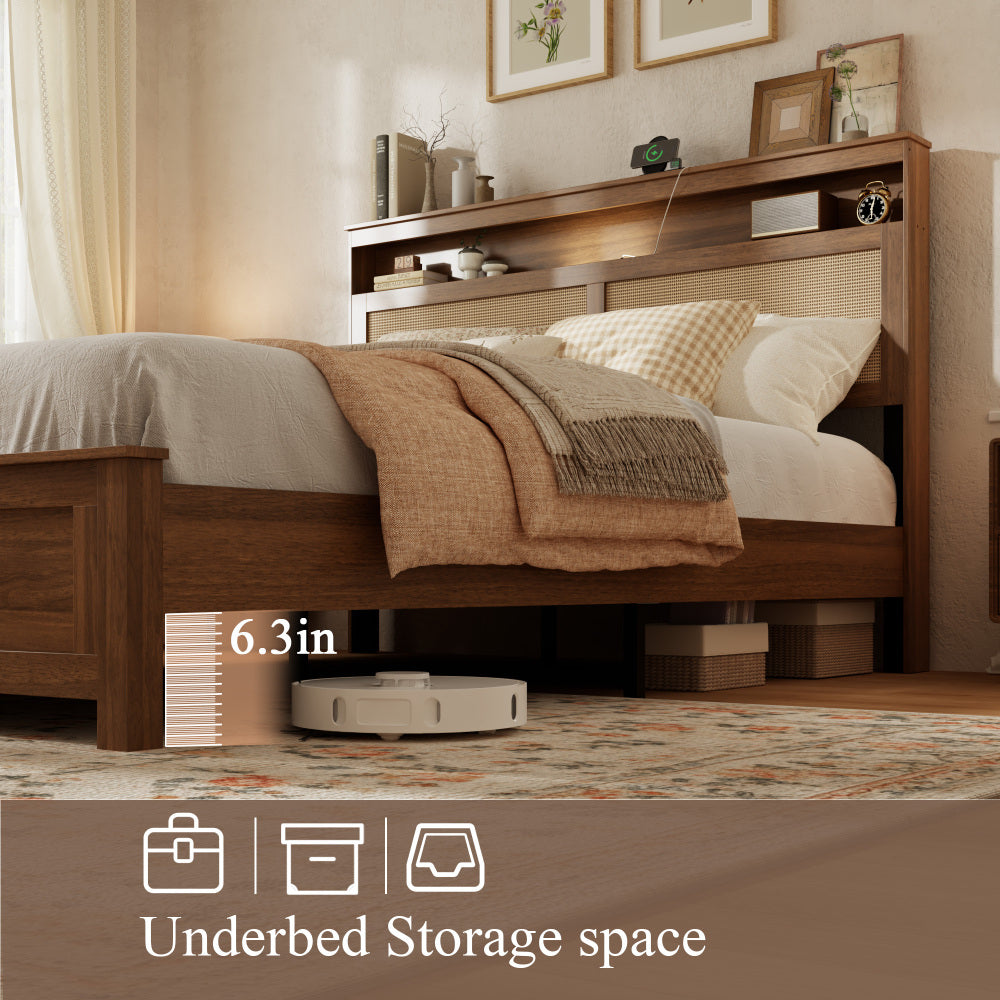 queen size bed frame rattan headboard built in led reading - Temu