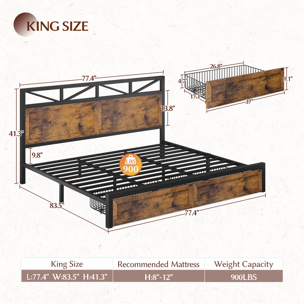 full queen king size bed frame headboard storage 2 drawers - Temu