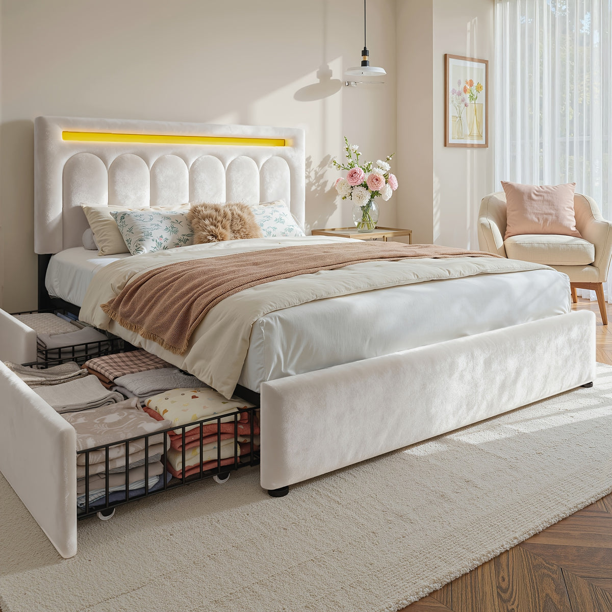 size velvet upholstered bed frame 4 storage drawers - Temu
