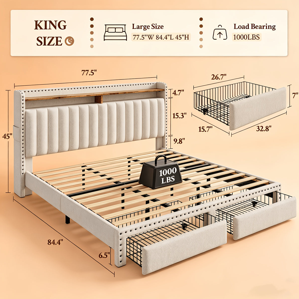 king size upholstered bed frame   2 underbed - Temu