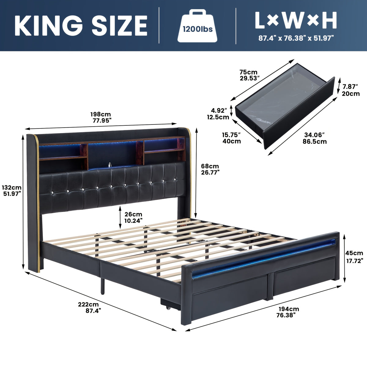 a queen sized bed frame featuring a headboard bookcase - Temu